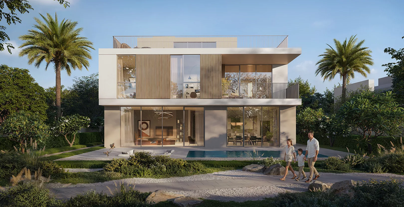 Emaar'ın The Valley'deki Avelia dış cephesi, gayrimenkul yatırımı için 4 yatak odalı villa tasarımını gösteriyor